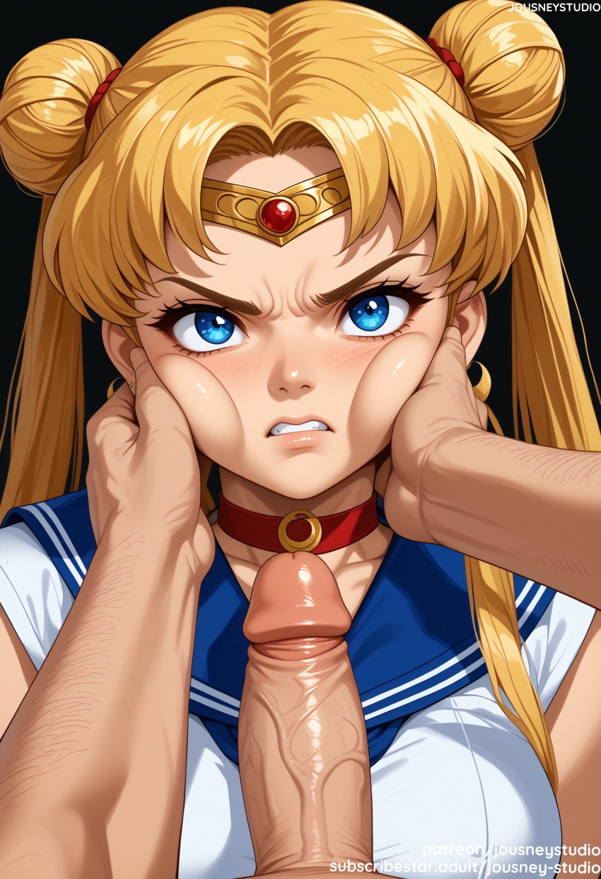 1boy ai_generated angry bangs bishoujo_senshi_sailor_moon biting_lip black_background blonde_hair blue_eyes blue_sailor_collar blue_skirt blush breasts cheek_press cheek_squash choker circlet clothing collar crescent crescent_earrings double_bun earrings erection female female hair_bun hand_on_another's_face jewelry jousneystudio lips long_hair looking_at_viewer male male_pov meme parted_bangs patreon_username penis pov red_choker sailor_collar sailor_moon sailor_moon_(series) sailor_moon_redraw_challenge sailor_senshi_uniform school_uniform scowl serafuku shirt simple_background solo_focus straight tears teeth tied_hair tsukino_usagi twintails uncensored uniform upper_body usagi_tsukino veins veiny_penis white_shirt