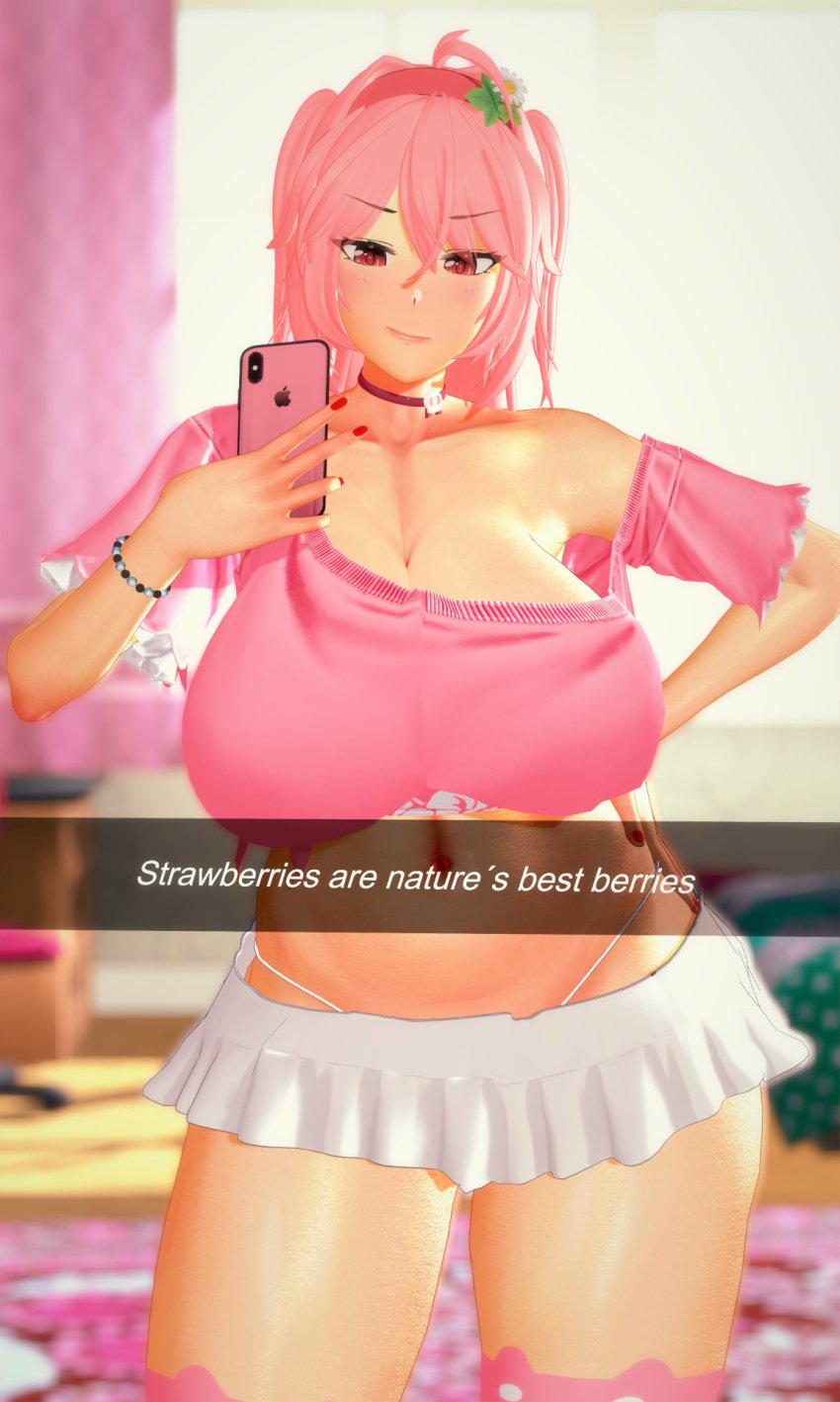 3d big_breasts caption flirting flirting_with_viewer ichiko_tootome koikatsu mirror mirror_selfie mr.k_(artist) original original_character phone pink_eyes pink_hair scantily_clad sexting snapchat snapchat_sexting spidey-dude thighhighs thighs voluptuous voluptuous_female wide_hips