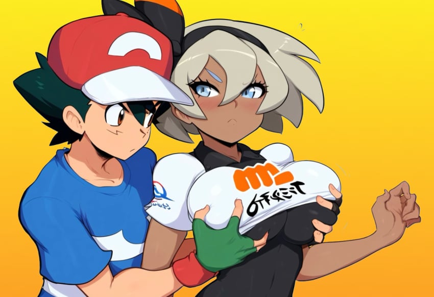 1boy ai_generated bea_(pokemon) breast_grab female grabbing gym_clothes gym_leader huge_breasts muscular_female muscular_male novelai paulinebabe pokemon pokemon_(anime) pokemon_journeys pokemon_ss satoshi_(pokemon)