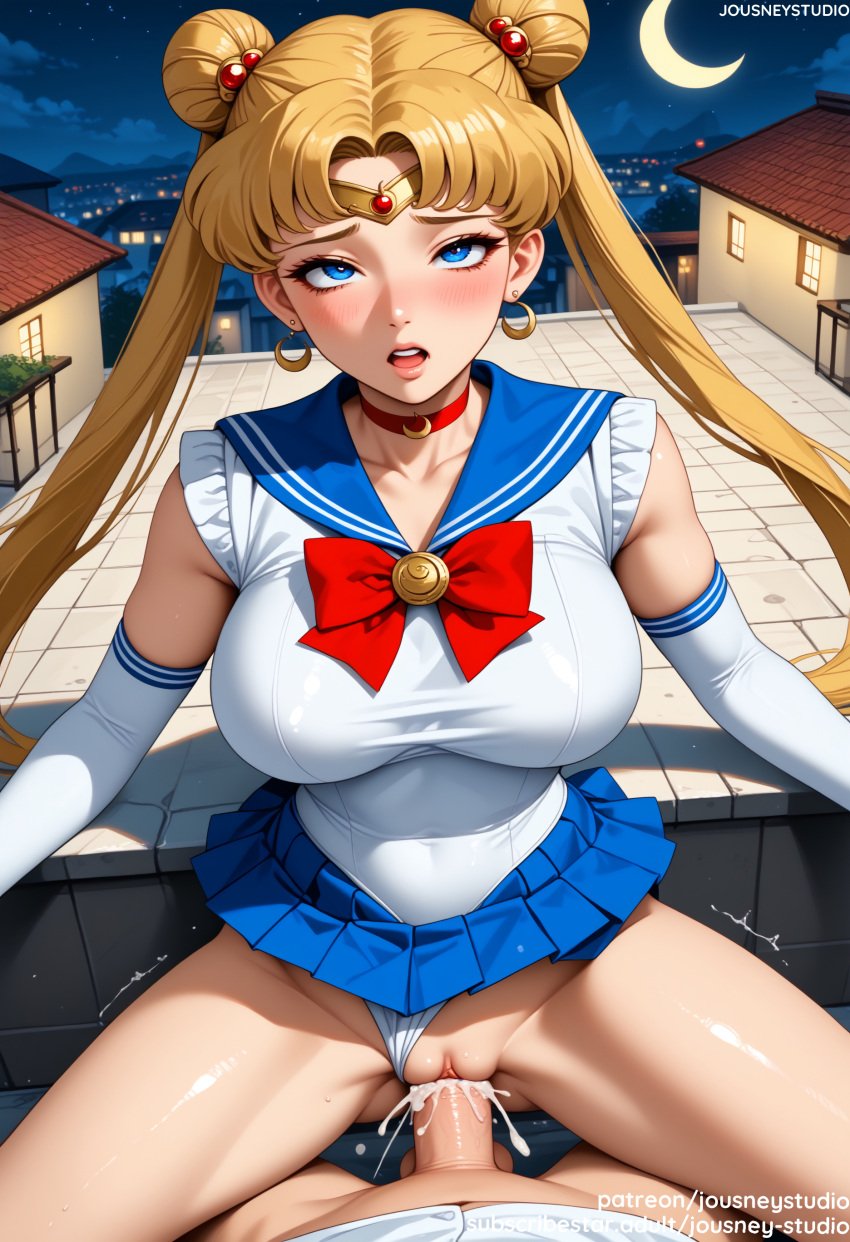 1boy ai_generated bangs bare_shoulders bishoujo_senshi_sailor_moon blonde_hair blue_eyes blue_sailor_collar blue_skirt blush bow breasts brooch building choker circlet clothed_female clothed_female_nude_male clothed_sex clothing clothing_aside covered_navel cowgirl_position cowgirl_position crescent crescent_earrings crescent_moon double_bun earrings elbow_gloves female female full_moon gloves hair_bun hair_ornament heart_choker indoors jewelry jousneystudio large_breasts legwear leotard leotard_aside lips long_hair looking_at_viewer magical_girl makeup male miniskirt moon nakadashi navel night night_sky nipples on_top open_mouth outdoors panties_aside pantsu penis pleated_skirt pov red_bow red_choker sailor_collar sailor_moon sailor_moon_(character) sailor_moon_(series) sailor_senshi_uniform school_uniform semen sex shiny shirt skirt sky solo_focus spread_legs star_(sky) starry_sky straddling straight thighs tied_hair tsukino_usagi twintails uncensored underwear underwear_aside uniform usagi_tsukino vagina vaginal_penetration very_long_hair white_gloves white_leotard white_panties white_underwear