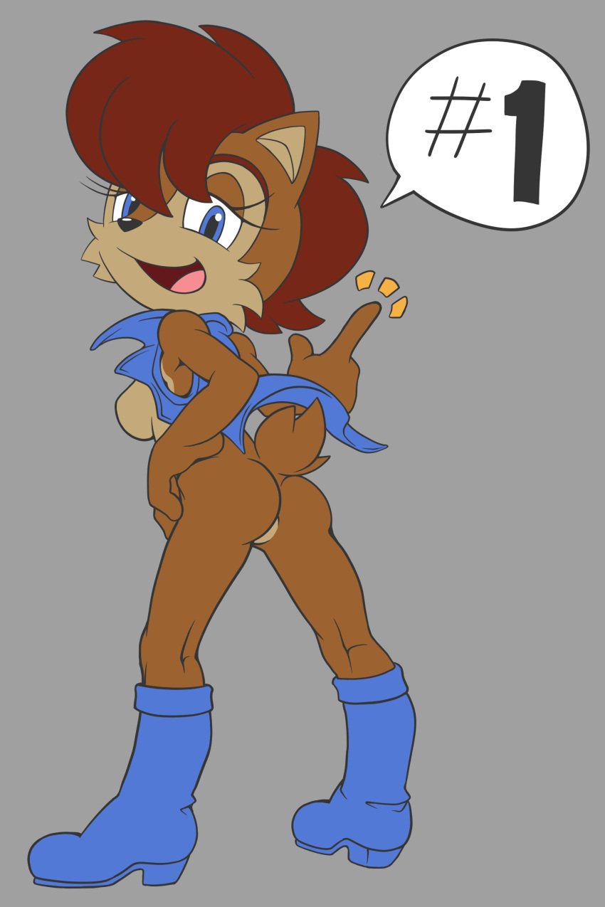 absurd_res anthro archie_comics ass big_hair black_nose blue_boots blue_clothing blue_eyes blue_footwear blue_topwear blue_vest boots bottomless breasts brown_body brown_fur brown_hair cheek_tuft chipmunk clothed clothing eyelashes facial_tuft featureless_breasts featureless_crotch female ffisf footwear fur grey_background ground_squirrel hi_res looking_at_viewer looking_back looking_back_at_viewer mammal open_clothing open_mouth open_smile open_topwear rear_view rodent sally_acorn sciurid scut_tail sega shoes short_tail simple_background smile solo sonic_(series) sonic_the_hedgehog_(archie) sonic_the_hedgehog_(comics) sonic_the_hedgehog_(series) speech_bubble tail topwear tuft vest