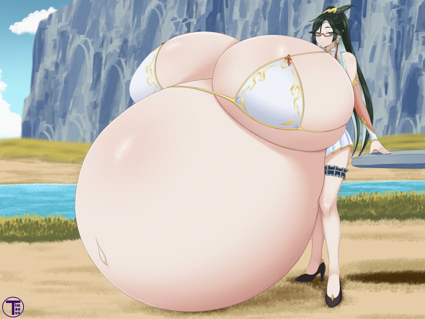 1girls alternate_breast_size alternate_version_available artist_name belly belly_bigger_than_body bikini bloated_belly blush breasts breasts_bigger_than_head breasts_bigger_than_torso breasts_on_belly female female_focus genshin_impact gigantic_belly gigantic_breasts glasses green_eyes green_hair high_heels hyper hyper_belly hyper_breasts hyper_pregnancy long_hair outdoors pregnant pregnant_female ready_to_pop round_belly standing timaeus xianyun_(genshin_impact)