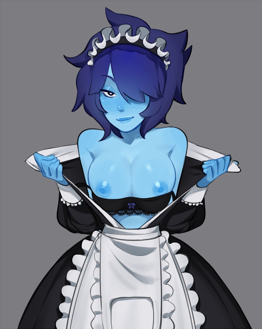 1girls bare_shoulders blue_hair blue_skin bra breasts breasts_out bust female hair_over_one_eye heart heart-shaped_pupils lapis_lazuli_(steven_universe) large_breasts looking_at_viewer maid maid_headdress maid_uniform nipples open_clothes presenting_breasts smile smokyholes solo steven_universe undressing