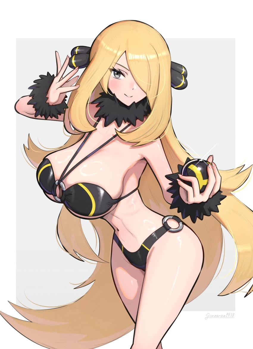 big_ass big_breasts bikini cleavage cynthia_(pokemon) female female_only gonzarez gonzarez1938 high_quality high_resolution highres pokeball pokemon pokemon_dppt ultra_ball