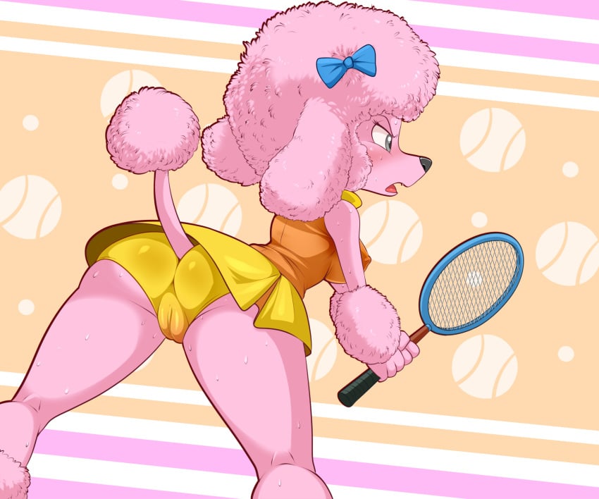 2025 6:5 anthro ass bodily_fluids breasts camel_toe canid canine canis clothed clothed_anthro clothing domestic_dog female fur grey_eyes hi_res lonbluewolf mammal nipples_visible_through_clothing open_mouth pink_body pink_fur poodle solo sweat tennis_racket tongue