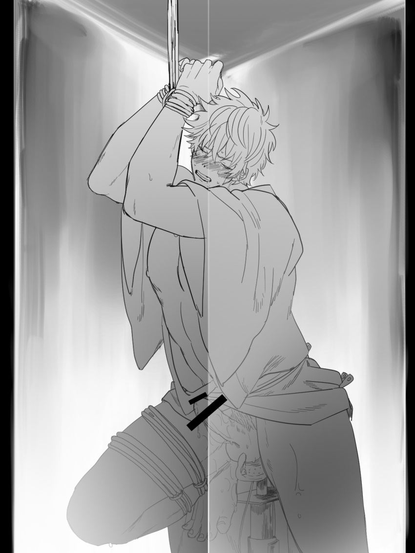 anal anal_insertion arms_up bar_censor blush bondage clenched_teeth closed_eyes dildo dildo_in_ass erection gay gintama gintoki_sakata glass_container inside_clear_container kanzaki_ria kimono male male_only monochrome penis restrained rope rope_bondage sex_toy solo suspension sweat toned toned_male yaoi