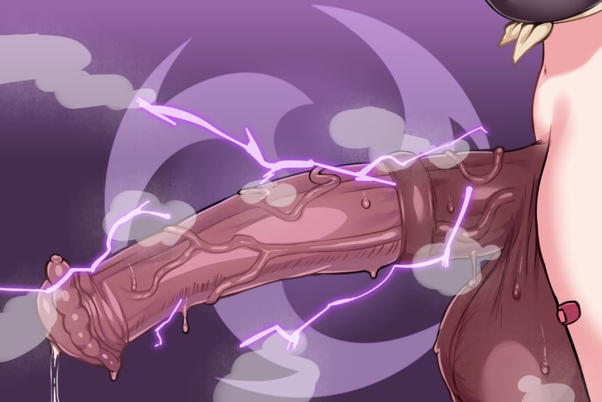 animal_penis bandaid bandaid_on_leg bottomless breasts dark_penis electricity erection female from_side futanari genshin_impact gigantic_testicles horse_penis huge_cock large_breasts navel penis precum purple_background sirachi solo testicles uncensored varesa_(genshin_impact) veins veiny_penis