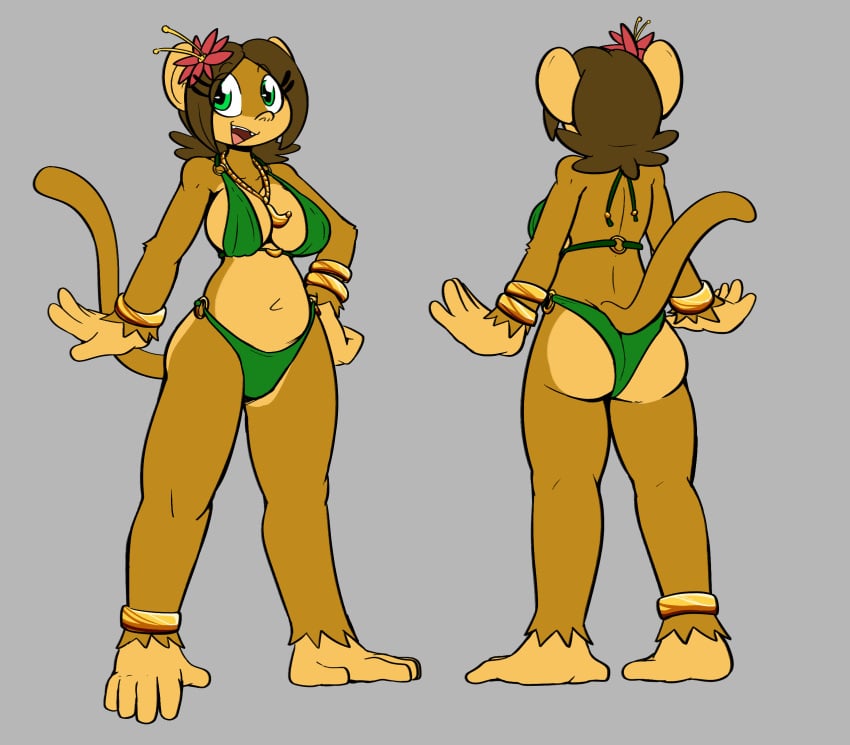 breasts digital_drawing_(artwork) felino gold_jewelry golden_accessories green_bikini lana_banana_(felino) monkey monkey_girl reference_image reference_sheet