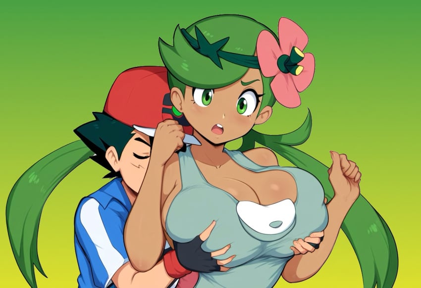 1boy 1girls ai_generated alternate_breast_size breast_grab breasts dark-skinned_female female huge_breasts human male mallow_(pokemon) muscular_male novelai paulinebabe pokemon pokemon_(anime) pokemon_journeys pokemon_sm satoshi_(pokemon) straight trial_captain