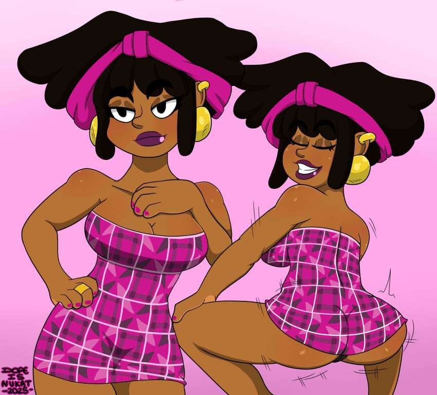 1girls african_american afro ass ass_focus brown_hair brown_skin brown_skinned_female dopeisnukat female nia_palmar_(dopeisnukat) original original_character panty_peek purple_dress tied_up_hair twerk twerking