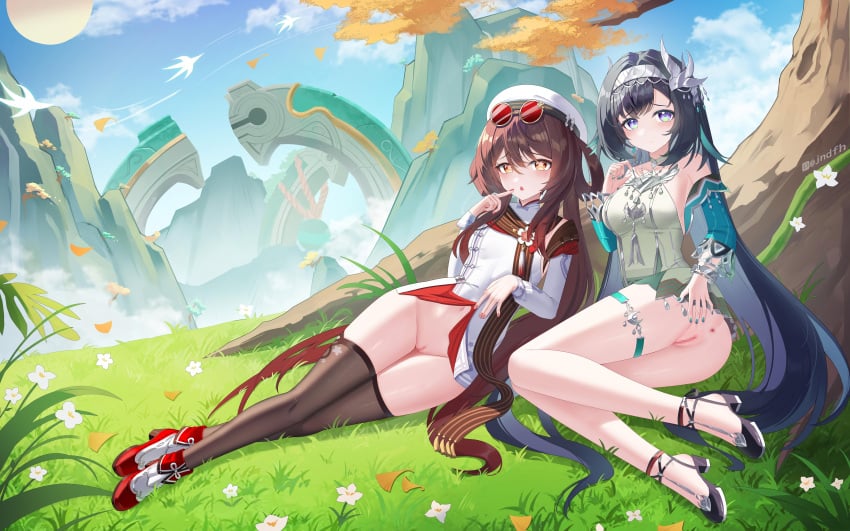 2girls absurdres adjusting_clothes ass bare_shoulders bird black_hair black_thighhighs bottomless breasts brown_hair censored closed_mouth detached_sleeves dress eyewear_on_head flat_chest flower-shaped_pupils frown genshin_impact green_dress green_nails hair_between_eyes hair_ornament hairband hat highres hu_tao_(cherries_snow-laden)_(genshin_impact) hu_tao_(genshin_impact) jndfh lan_yan_(genshin_impact) long_hair long_sleeves looking_at_viewer medium_breasts mosaic_censoring multiple_girls navel official_alternate_costume outdoors parted_lips purple_eyes pussy red-tinted_eyewear red_eyes red_nails round_eyewear silver_hairband sitting sunglasses symbol-shaped_pupils thigh_strap thighhighs tinted_eyewear twintails very_long_hair white_hat