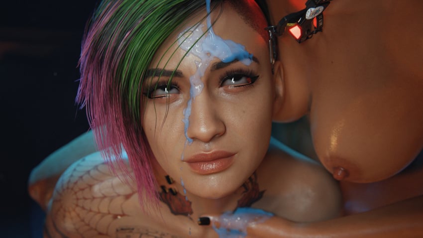 2022 2girls 3d big_breasts black_nail_polish brown_eyes cat_eyeliner completely_nude completely_nude_female cum cum_dripping cum_dripping_on_face cum_on_face cum_swap cyberpunk_2077 duo dyed_hair female female_only green_and_purple_hair judy_alvarez lipstick looking_up looking_up_at_partner nail_polish nude nude_female painted_nails panam_palmer red_lipstick rescraft satisfied satisfied_look shaved_side short_hair tattoos_everywhere winged_eyeliner