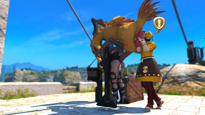 1animal 2girls 3d absurdly_large_cock anal_sex avian beastiality blonde_female chocobo cum cum_in_ass cumshot dark-skinned_female final_fantasy_xiv gpose(ffxiv) hands_around_penis large_penis mostly_clothed no_panties original_character pale-skinned_female pillory public_use roegadyn sirejay zoophilia