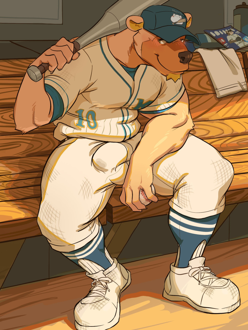 1boy 2019 5_fingers absurd_res anthro ball baseball_(ball) baseball_bat baseball_cap baseball_uniform bat_(object) beard bench blue_clothing blue_legwear blue_socks blush bodily_fluids bottomwear brown_fur bulge clothed clothing digital_media_(artwork) facial_hair fingers footwear fur genital_fluids hat headgear headwear hi_res holding_ball holding_object krispy_(character) legwear male male_only mammal multicolored_clothing multicolored_legwear multicolored_socks muscular muscular_male nyuudles open_mouth open_smile pants pattern_clothing pattern_legwear penis_outline precum precum_through_clothing shirt shoes sitting smile socks solo sportswear striped_clothing striped_legwear striped_socks stripes tan_fur teeth topwear two_tone_clothing two_tone_legwear two_tone_socks undershirt uniform ursid wet wet_clothing white_bottomwear white_clothing white_footwear white_pants white_shirt white_shoes white_topwear yellow_eyes