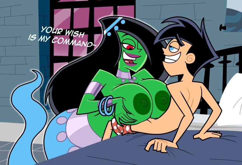 1boy 1girls accurate_art_style bed bedroom big_breasts black_hair blue_eyes breasts danny_fenton danny_phantom desiree dialogue female genie green_skin huge_breasts male nickelodeon nipples paizuri red_eyes text zoda-z