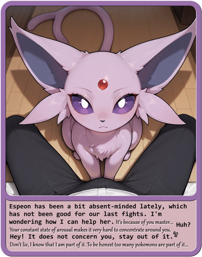 ai_generated ambiguous_gender duo eeveelution espeon female feral first_person_view forehead_gem generation_2_pokemon hi_res human inside looking_at_viewer male male/ambiguous mammal nonimousmate pokemon_(species) purple_body purple_sclera sitting_on_ground tail text