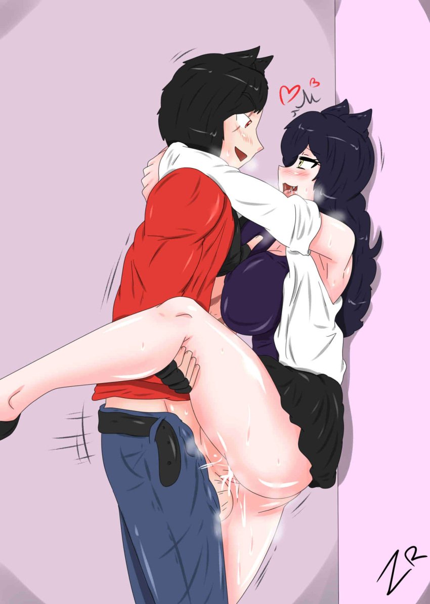 1boy 1girls against_wall arms_around_neck big_breasts black_hair blake_belladonna breast_grab breasts_pressed_against_partner cat_ears clothed hand_on_breast jin_satou off_shoulder one_leg_up original_character red_eye rwby scar_across_eye sex shirt_lift standing_sex tongue_out vaginal_penetration yellow_eyes zronku