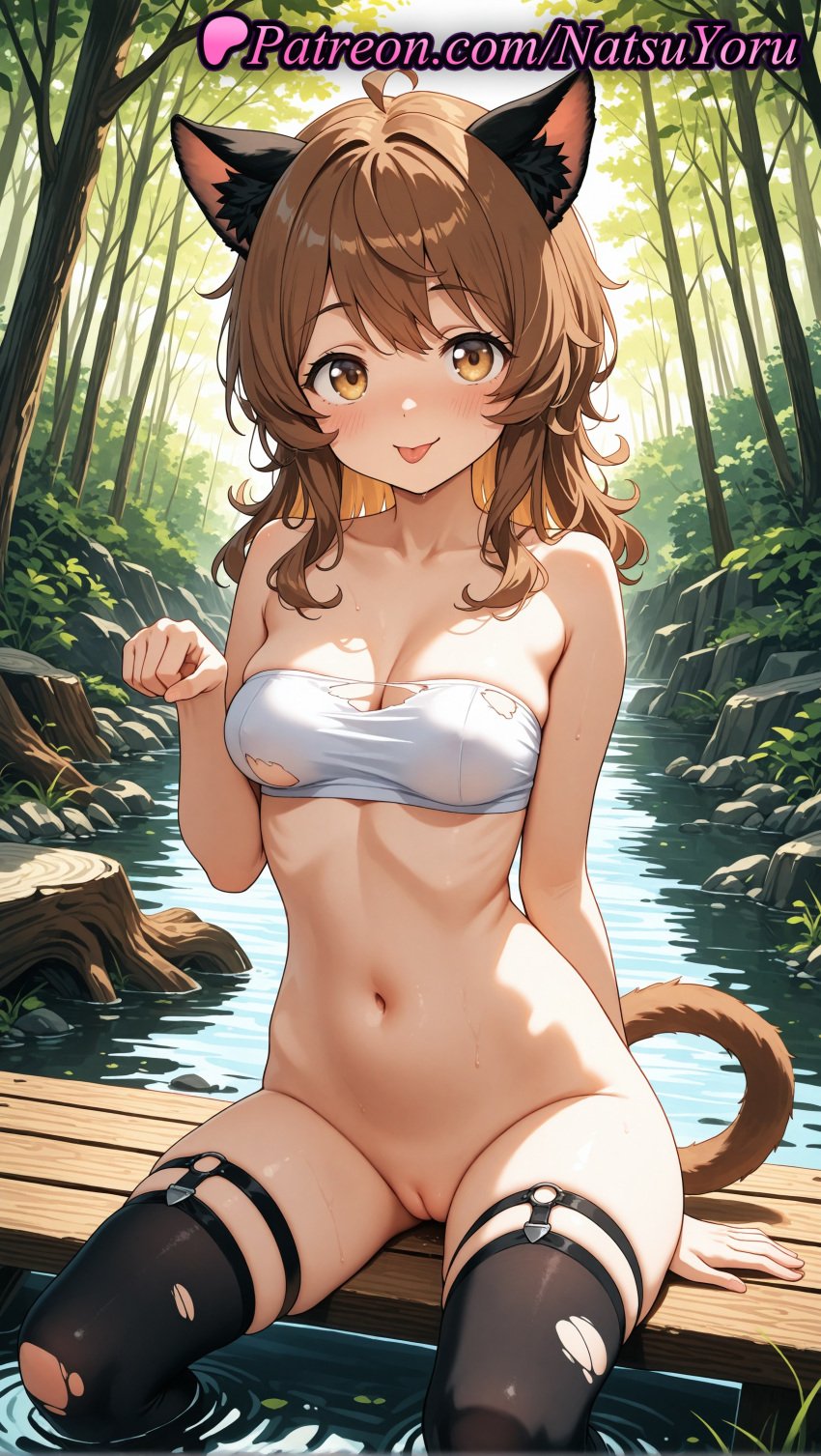 1girls 2025 ahoge ai ai_assisted ai_generated animal_ear_fluff animal_ears anime anime_style asian bandeau bangs bare_arms bare_shoulders black_thighhighs blush bottomless breasts brown_eyes brown_hair bust busty cat_ears cat_girl cat_tail cleavage cleft_of_venus closed_mouth collar collarbone day dungeon_ni_deai_wo_motomeru_no_wa_machigatteiru_darou_ka female female_focus female_only female_solo forest hand_up hentai hi_res high_quality high_resolution highres labia liliruca_arde long_hair looking_at_viewer medium_breasts medium_hair natsuyoru nature navel o-ring outdoors paipan patreon paw_pose pussy river sitting skindentation smile soaking_feet solo solo_female stable_diffusion stomach strapless strapless_bikini tail thigh_strap thighhighs thighs tongue tongue_out torn_clothes torn_thighhighs tube_top uncensored vagina voluptuous voluptuous_female water wet