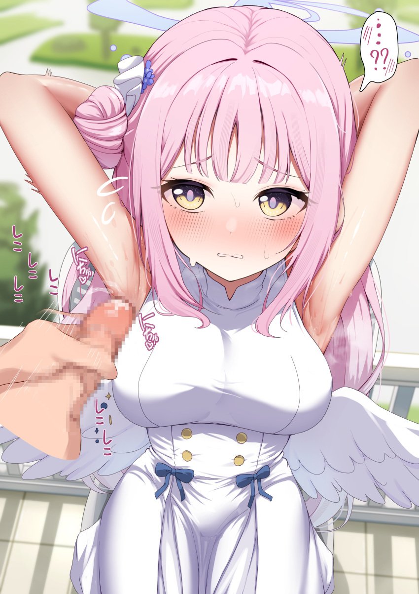 absurdres angel_wings aoto_mei armpit_sex armpits arms_behind_head arms_up bare_arms blue_archive blush breasts censored commentary_request dress feathered_wings female from_above hair_bun halo highres large_breasts long_hair looking_at_viewer low_wings mika_(blue_archive) mosaic_censoring open_mouth outdoors partial_commentary penis pink_hair single_side_bun sleeveless sleeveless_dress steaming_body sweat white_dress white_wings wing_ornament wings yellow_eyes