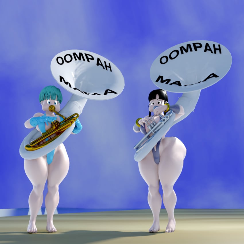 2girls 3d barefoot beach big_ass big_breasts black_hair blender blender_(software) brass_instrument bulma_briefs chichi dld493v2 dragon_ball female female_only milf playing_instrument puffed_cheeks self_upload sling_bikini sousaphone teal_hair tuba weird wide_hips