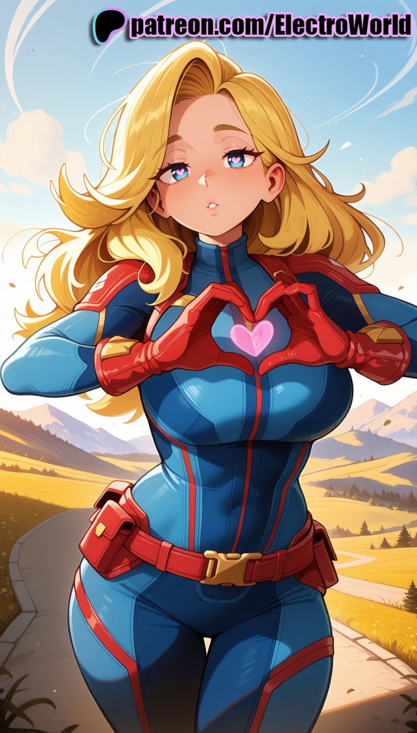 1girls 2025 ai ai_assisted ai_generated anime anime_girl anime_style artist_name beach belt blonde_hair blue_eyes blush bodysuit breast breasts breasts breasts bust captain_marvel chest cloud day electroworld english_text female heart heart_hands hi_res high_quality high_resolution highres long_hair looking_at_viewer marvel marvel_comics ocean outdoors patreon patreon_username pouch sky smile solo stable_diffusion sunset watermark