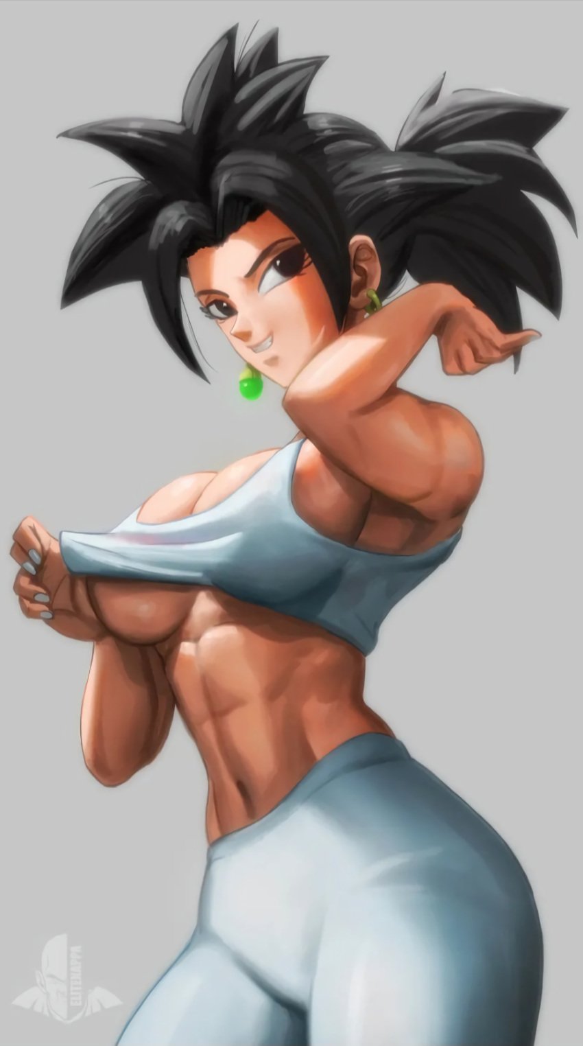 1girls abs athletic athletic_female big_breasts black_eyes black_hair breasts breasts_out caulifla dragon_ball dragon_ball_super elitenappa female female_only kale kefla medium_breasts ponytail saiyan saiyan_girl shirt_lift solo underboob