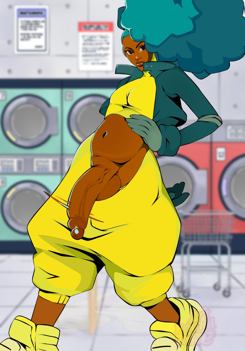 1futa afro background blue_hair bomb_rush_cyberfunk brown_eyes clothed clothing colored dark-skinned_futanari dark_skin futa_only futanari large_penis partially_clothed poundcake_(artist) poundcakeart punk solo solo_futa veiny_penis vinyl_(brc)