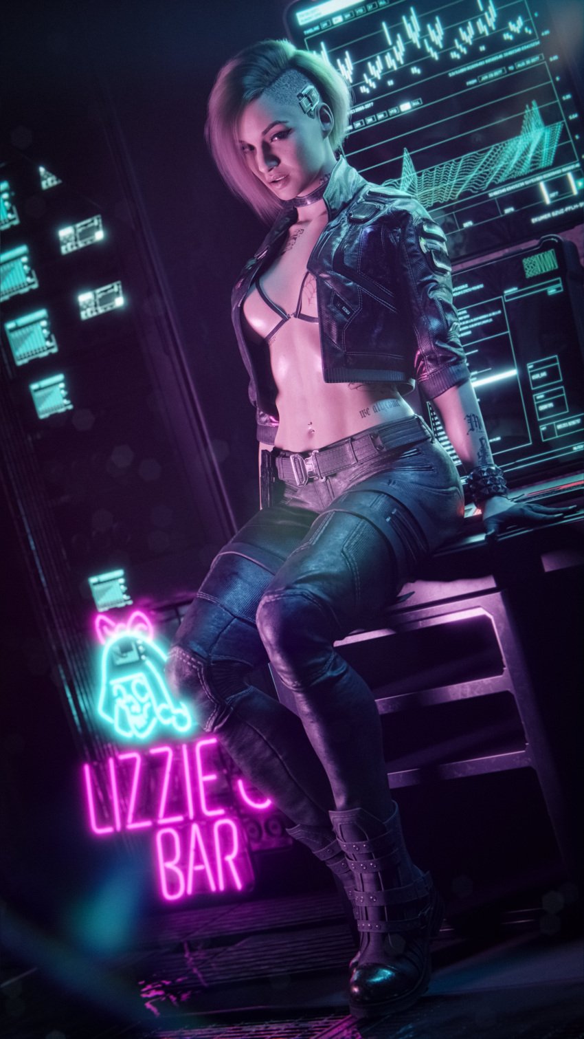 1girls 2023 3d boots bra brown_eyes cat_eyeliner ceeeeekc choker cupless_bra cyberpunk_2077 female female_abs female_only fit fit_female green_and_purple_hair half_gloves in-universe_location indoors jacket jacket_open judy_alvarez looking_at_viewer neon_lights no_nude no_nudity non-nude non_nude pants shaved_side short_hair sitting sitting_on_desk solo studded_bracelet tattoos_everywhere