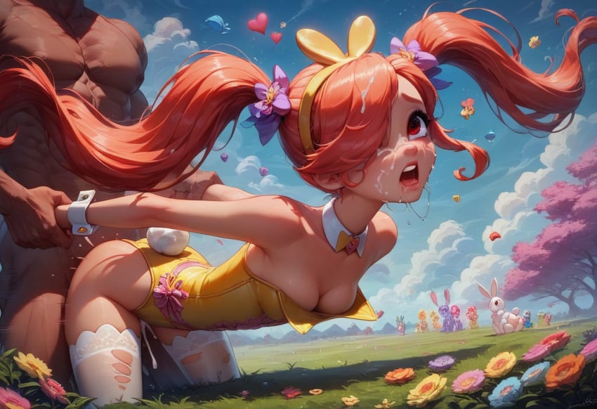 ai_generated brokentoys bunny_costume bunny_ears bunny_girl bunny_tail bunnysuit defeated doggy_style easter easter_egg flower_in_hair flowers garter_belt garter_straps hermes113 rape red_hair size_difference small_breasts smaller_female teenage_girl teenager twintails