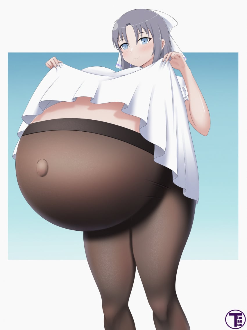 1girls artist_name belly belly_focus bloated_belly blue_eyes blush clothed clothing female female_focus female_only gigantic_belly grey_hair hair_ribbon hyper_belly hyper_pregnancy looking_at_viewer pantyhose pregnant pregnant_female ready_to_pop ribbon round_belly senran_kagura short_hair simple_background standing timaeus yumi_(senran_kagura)