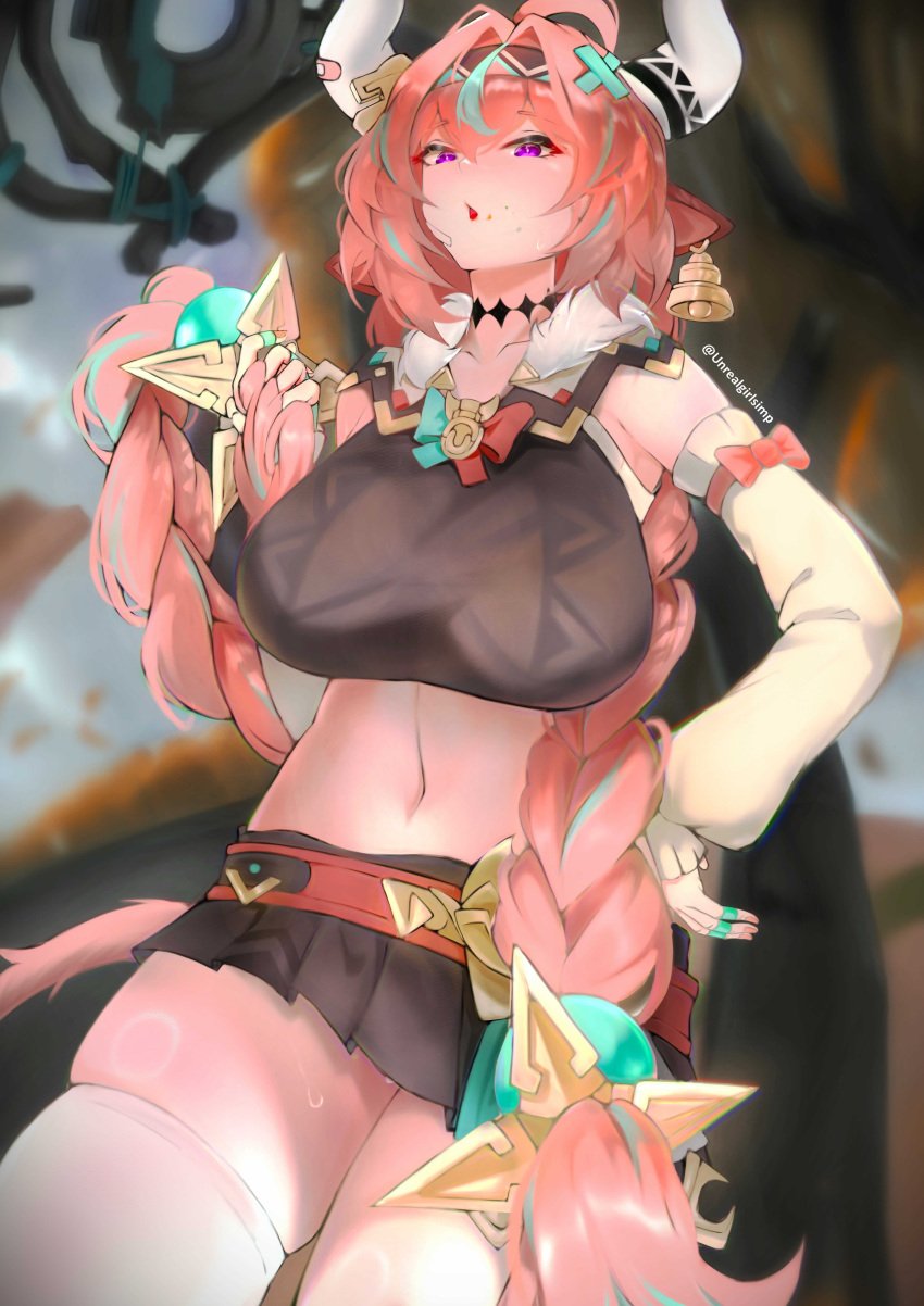 big_breasts breasts clothed clothing digital_media_(artwork) ear_piercing female female_only genshin_impact hi_res highres horn large_breasts looking_at_viewer medium_breasts open_mouth pink_hair video_games wide_hips young younger_female