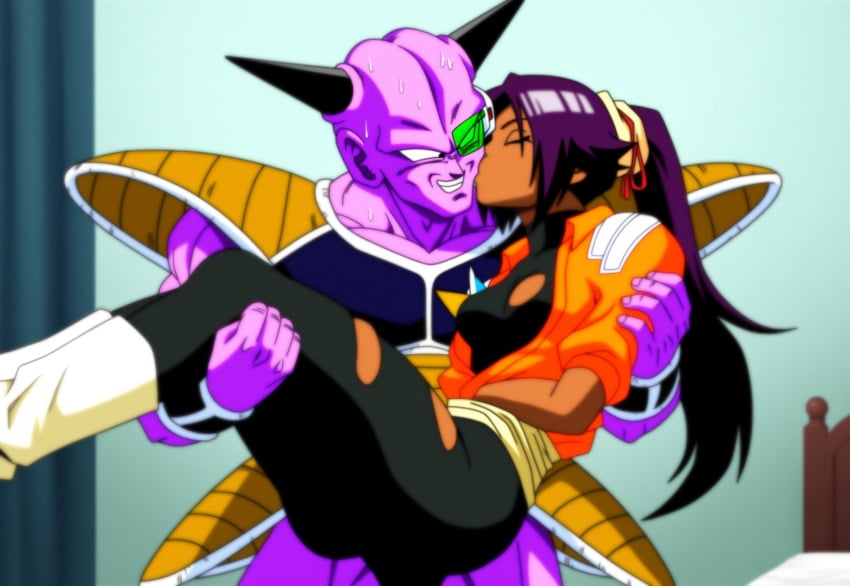 ai_generated bleach captain_ginyu crossover dragon_ball kissing princess_carry requested scouter selvokaz shihouin_yoruichi tagme tinted_eyewear