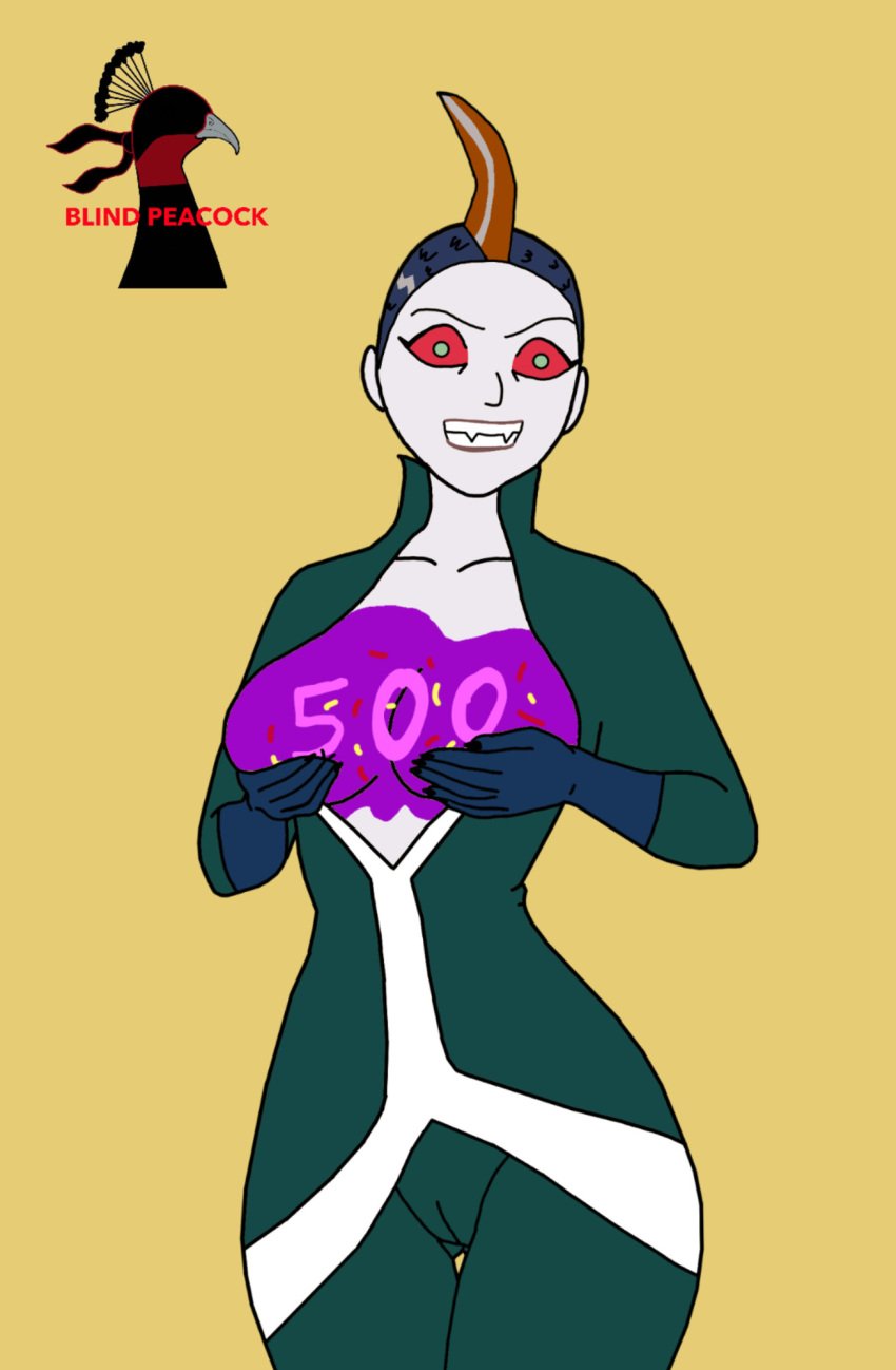 500 art_raffle artist_logo artist_name big_breasts blind_peacock_draws_(artist) blue_hair breast_grab breast_squeeze breasts breasts_out camel_toe cameltoe counting fangs fangs_out fin_hawk five_hundred follower followers frosting green_eyes mohawk mohawk_(hairstyle) monster monster_girl number number_on_body numbers onesie orange_hair original original_art original_artwork original_character partially_clothed rare_(blindpeacockdraws) rare_(monster_form)_(blindpeacockdraws) red_eyes shaved_side smile smile_at_viewer smiling sprinkles suit super_suit superhero white_skin white_streak