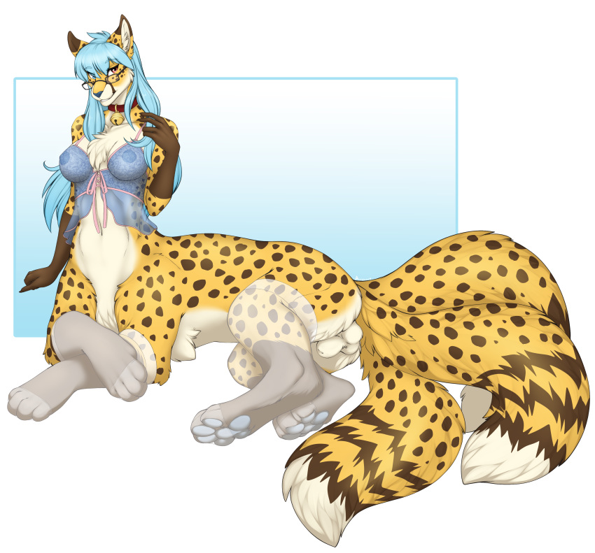 1futa absurd_res accelo animal_genitalia anthro balls bell blue_eyes blue_hair blue_nipples blue_nose blue_pawpads breasts canid canine cheetah clothing collar eyebrows eyewear felid feline fox fully_sheathed furry futanari glasses gynomorph hair heterochromia hi_res hybrid intersex lace legwear lingerie long_hair mammal multi_tail neko_ed nipples pawpads red_eyes sheath solo_futa stockings taur trans_woman transfem translucent translucent_clothing tuft