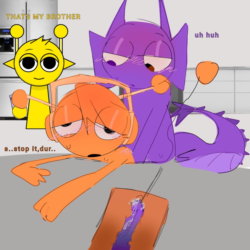 boys cum_inside dick durple_(sprunki) kitchen orange_hair oren_(sprunki) purple_hair simon_(sprunki) sprunki yellow_hair