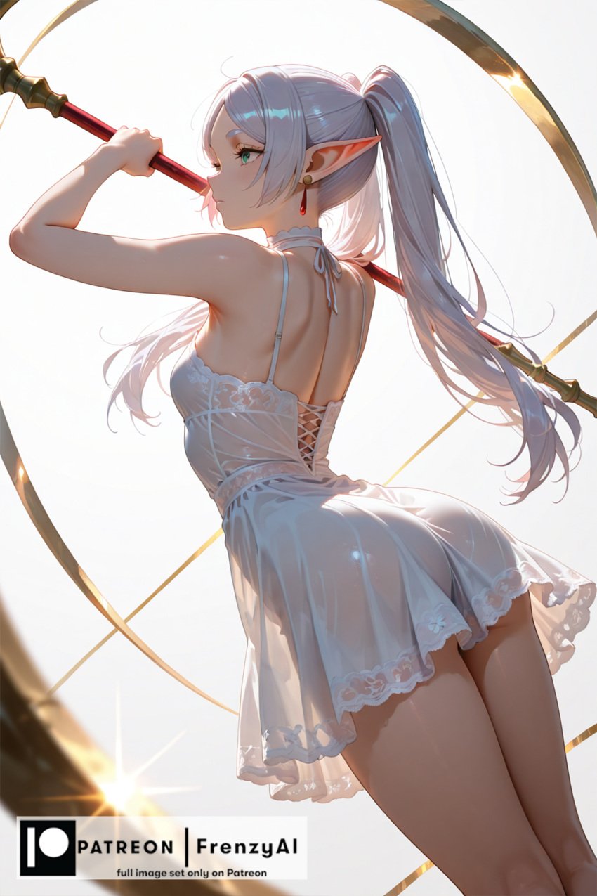 ai_generated ass bare_shoulders breasts dress earrings elf female frenzyai frieren frieren_beyond_journey's_end from_behind holding jewelry long_hair looking_back panties patreon pointy_ears ponytail see-through short_dress solo underwear weapon white_dress white_hair