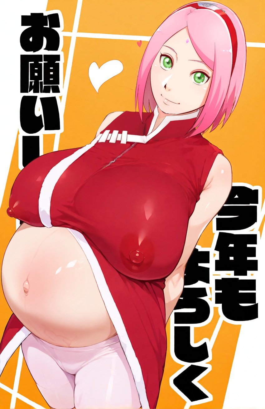 1girls ai_assisted alternate_breast_size arms_behind_back ass boruto:_naruto_next_generations breasts busty closed_mouth clothed clothing dress edit female female_only forehead_mark full_body fully_clothed green_eyes hairband heart huge_breasts human japanese_text mature mature_female midriff naruto naruto_(series) nipple_bulge pants parted_bangs pink_hair pinup pregnant sagging_breasts sakura_haruno short_hair shounen_jump sleeveless smile smiling smiling_at_viewer solo source_request standing sunahara_wataru text_focus translation_request voluptuous weekly_shonen_jump