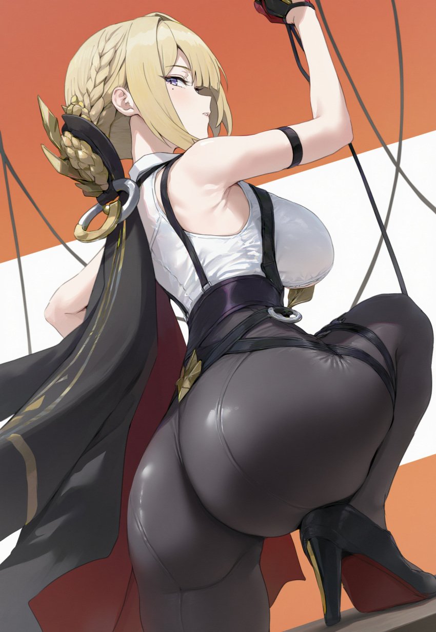 1girls ai_generated ass ass_focus back_view backsack big_ass blonde_hair bottom_heavy breasts evelyn_chevalier female fully_clothed hi_res high_heels human large_breasts pants pawg purple_eyes tight_clothing zenless_zone_zero