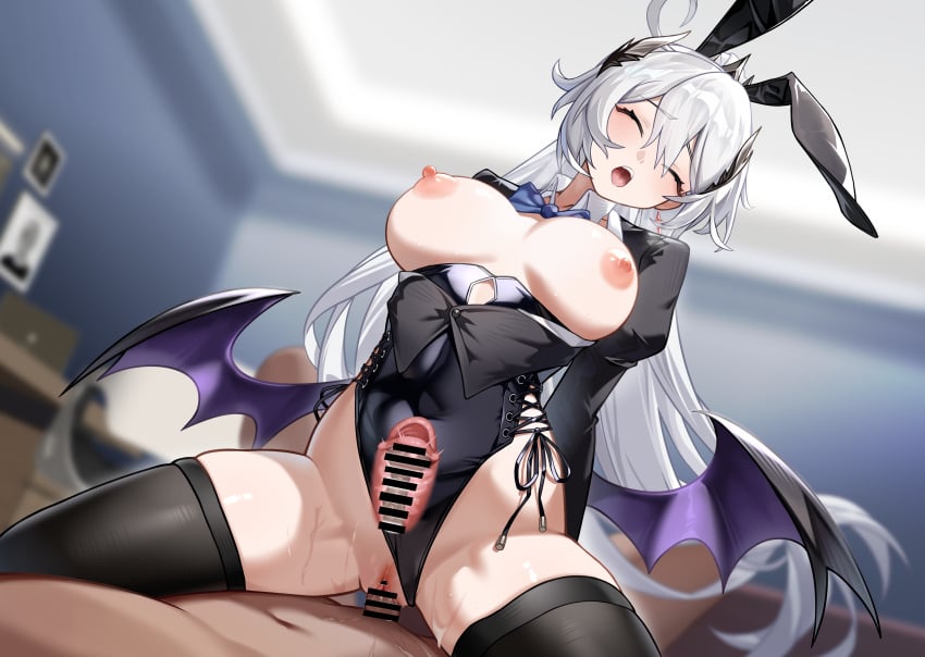 1boy absurdres animal_ears black_leotard blank_censor blue_eyes breasts censored cleavage cowgirl_position detached_collar fake_animal_ears female highres honkai_(series) honkai_impact_3rd huiqian kiana_kaslana kiana_kaslana_(herrscher_of_flamescion) large_breasts leotard nipples open_mouth playboy_bunny ponytail pussy rabbit_ears sitting sitting_on_person spread_legs straight strapless thighhighs vaginal_penetration white_hair