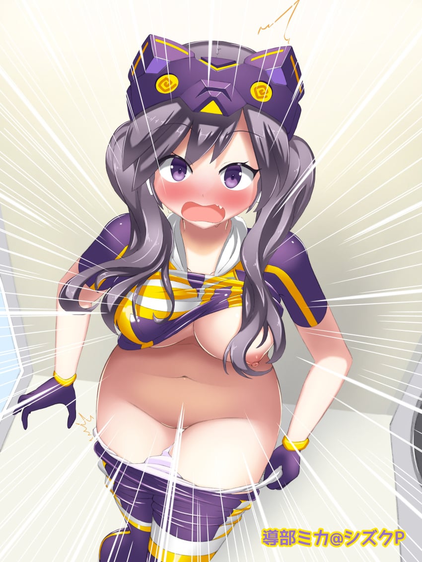 1girl artist_name belly_button blush censored_pussy duel_monster gray_hair i:p_masquerena large_breasts midriff nipples panties purple_eyes removing_clothing surprised tagme_(artist) yu-gi-oh!