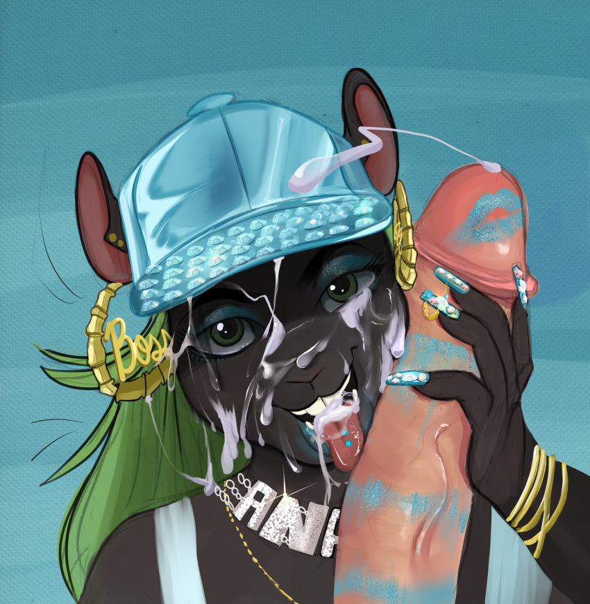 anthro anthro_on_human anthro_on_male blue_lipstick bodily_fluids clothing cum cum_on_face cum_on_tongue cumshot dark-skinned_female dark_fur dark_skin female fur furry genital_fluids green_eyes green_hair hair hat headgear headwear hi_res human human_is_better human_on_anthro interracial interspecies lipstick lipstick_on_penis looking_at_viewer male male/female male_human/female_anthro male_on_anthro mammal mascara_tears open_mouth penis pyredaemos rodent runny_makeup sciurid smile squigga squirrel tongue tree_squirrel