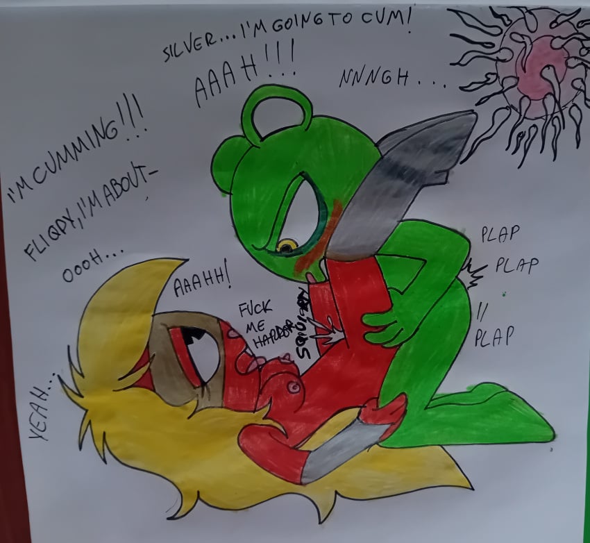 anthro breasts drawing flaky_(htf) fliqpy_(htf) fucked_silly happy_tree_friends impregnation pussy_ejaculation squirting superheroine