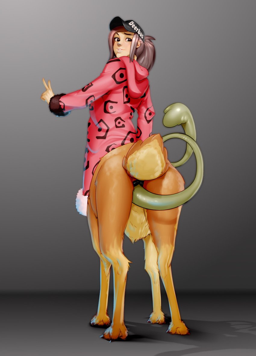 animal_genitalia centaur female from_behind full_body furry gradient_background hat hoodie insertion pussy standing svmson taur tentacle tentacle_sex v