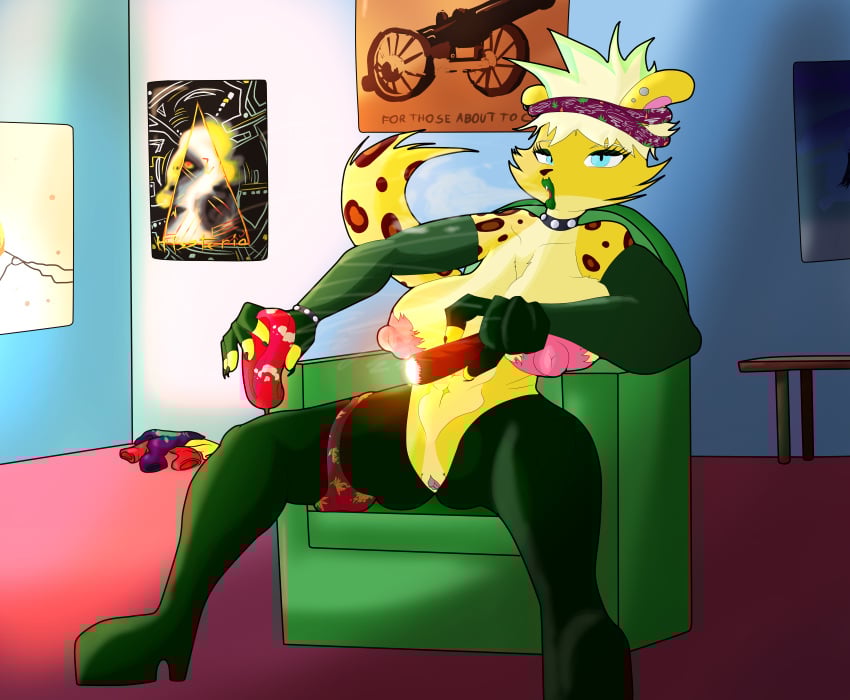 4/20 420 anthro anthro_female big_breasts bikini bikini_bottom bikini_top breasts eyeshadow feline female furry furry_female headband leopard lipstick marijuana milomotis mohawk nikki_rose piercing solo_female stockings weed