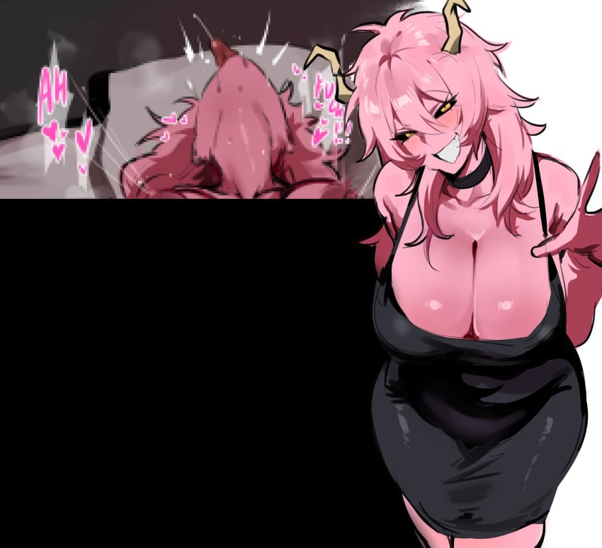 1girl absurdres ashido_mina black_dress black_sclera boku_no_hero_academia breasts censored cleavage colored_sclera colored_skin commentary covered_navel dress english_commentary english_text female_orgasm highres horns impossible_clothes kurenaiz_(kuayrenaiz) large_breasts looking_at_viewer mosaic_censoring official_alternate_costume official_alternate_hairstyle open_mouth orgasm paid_reward_available pink_hair pink_skin smile teeth yellow_eyes