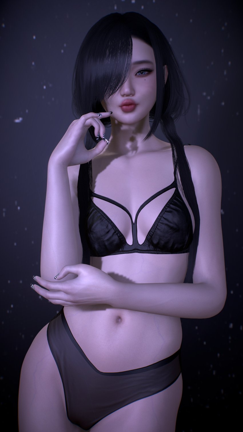 1girls 3d 4k asian asian_female blurry_background bra breasts covered_eyes crashbanditkut eye_covered eyelashes female female_focus grey_hair hair hi_res high_resolution highres kissing light-skinned_female light_skin lips long_eyelashes long_hair looking_at_viewer mole_under_eye nail_polish nails nails_painted navel original original_character panties small_breasts solo teeth underwear virt-a-mate virtamate white_eyes