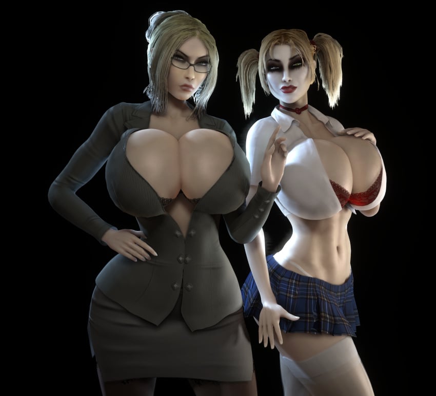 2girls 3d 3d_(artwork) alternate_breast_size big_breasts big_hips black_bra blonde_female blonde_hair blonde_hair_female bra breasts choker cleavage clothed clothed_female female female_only gigantic_breasts glasses hand_on_breast hand_on_hip hand_on_own_breast hand_on_own_hip hi_res high_resolution highres hips hourglass_figure huge_breasts humanoid humanoid_female humanoid_only jeanette_voerman large_breasts large_hips legwear lips looking_at_viewer makeup midriff miniskirt office_clothing office_lady open_clothes open_shirt red_bra red_choker short_skirt sisters sisters_(lore) skirt therese_voerman thighhighs twintails unbuttoned unbuttoned_shirt upper_body vaako vampire vampire_girl vampire_the_masquerade vampire_the_masquerade_bloodlines white_legwear white_thighhighs wide_hips