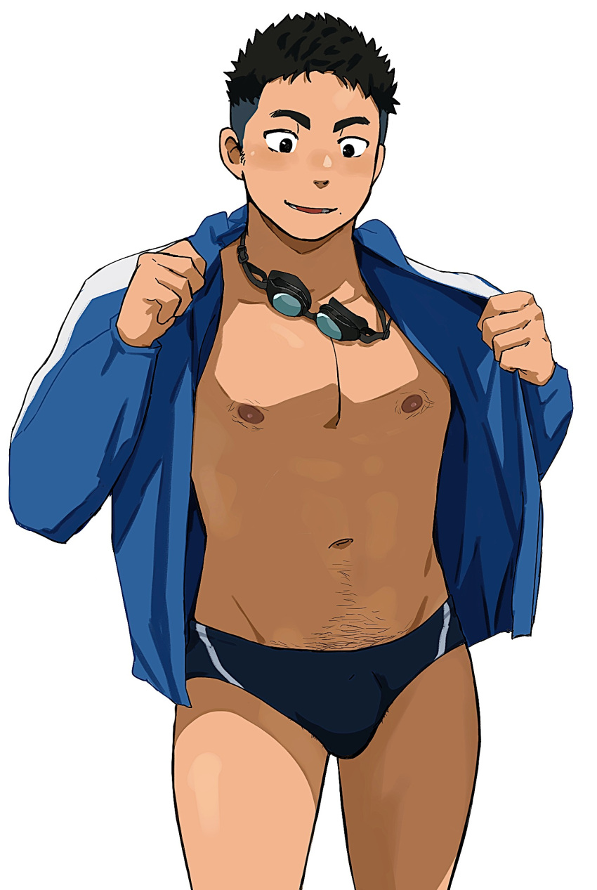1boy 2020s 2025 black_hair bulge kanaty_12 male male_only nipple_hair nipples original simple_background solo speedo tagme tan_skin white_background