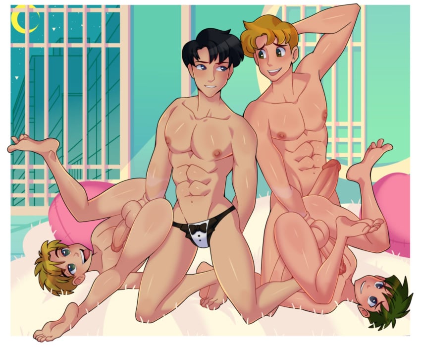 4boys anal anal_fisting anal_sex balls bishoujo_senshi_sailor_moon black_hair black_hair_male blonde_hair blonde_male carpet circumcised cozy crescent_moon cushion cushions deep_fisting deep_penetration elbow_deep_anal_fisting elbow_deep_fisting erection feet fisting fucking_on_rug gay green_hair green_hair_male hand_behind_head horny_face horny_male kyuusuke_sarashina large_insertion legs_up looking_at_another looking_pleasured lying_on_back male male_only mamoru_chiba moon motoki_furuhata muscles night nipples nude shingo_tsukino size_difference speedo speedo_only tongue_out tuxedo_underwear window yaoi yuunsfw