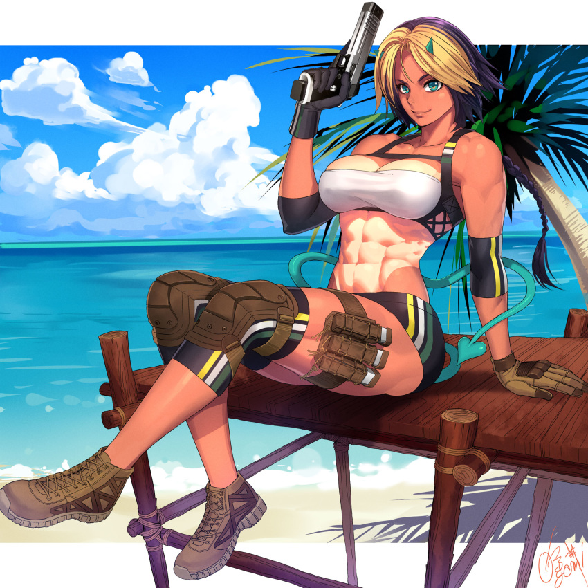 abs beach breasts female gun horns large_breasts legs lips multicolored_hair muscle muscular_female ocean ogami oni oni_horns pistol smile solo tanned toned_female